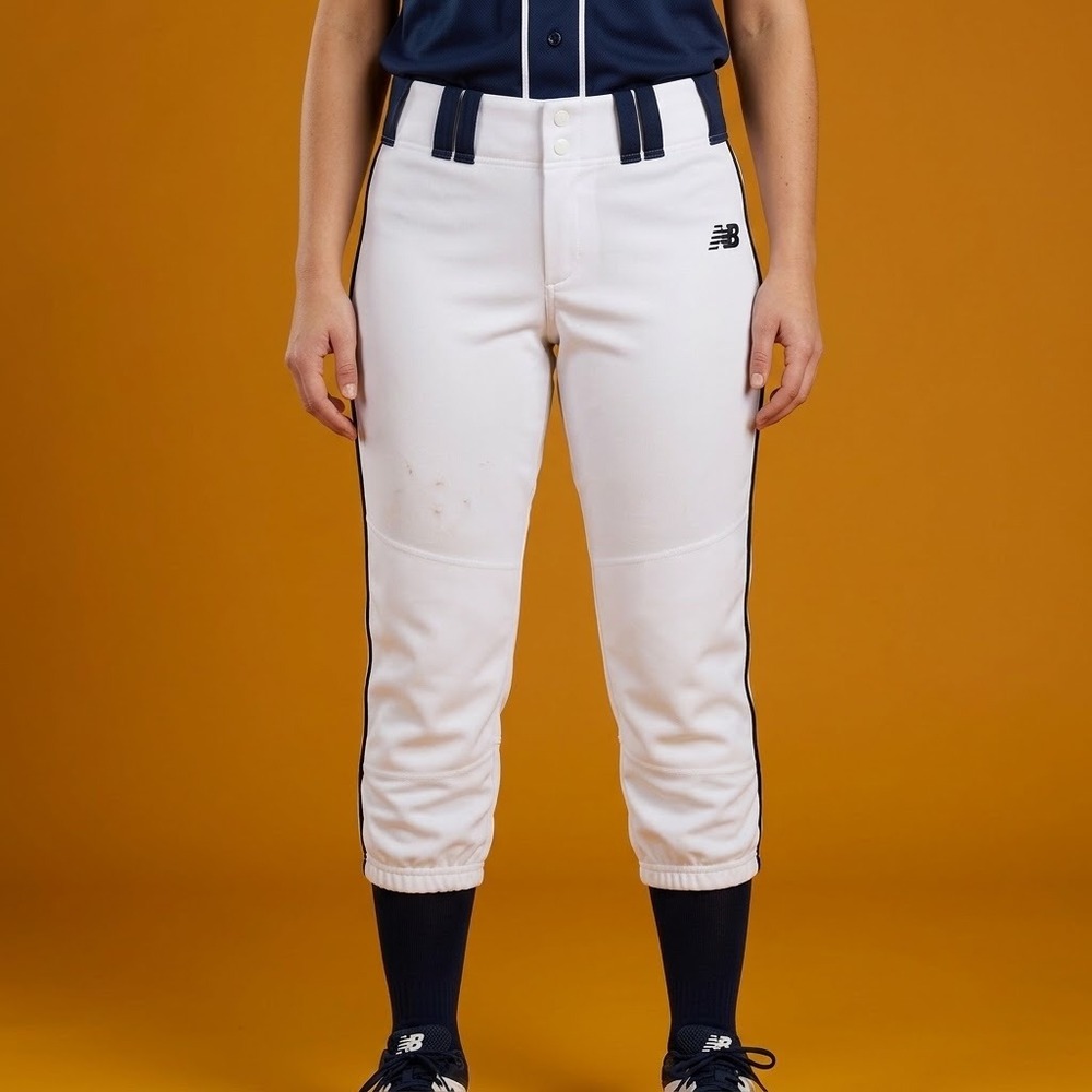 New Balance Women's Baseball Pants White Navy Team Issue Elastic Cuff 21.5"
